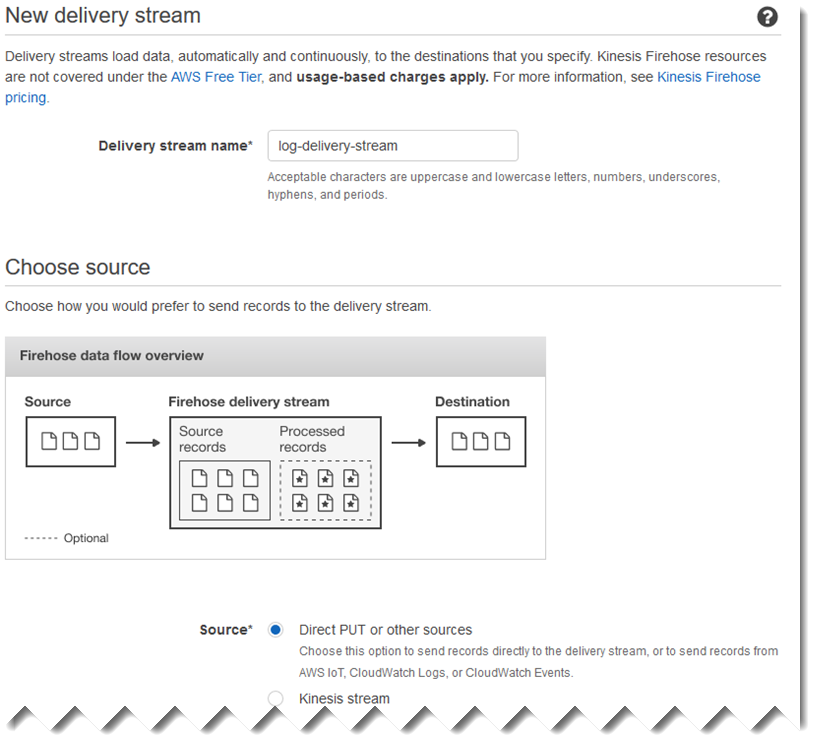 Screenshot che dimostra come specificare una sorgente durante la creazione di un flusso di distribuzione Kinesis Data Firehose.
