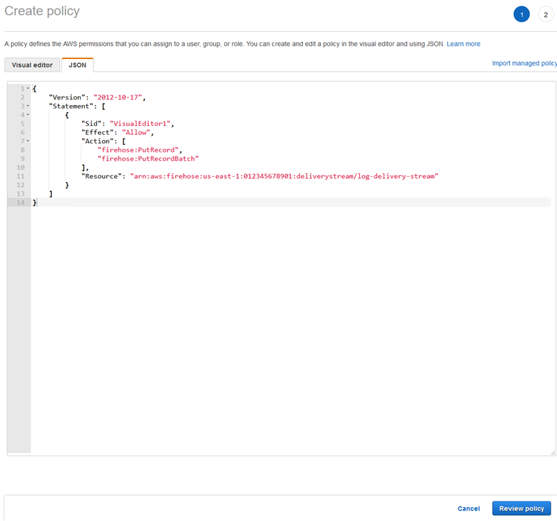 Screenshot che dimostra come creare una policy IAM per Kinesis Data Firehose.
