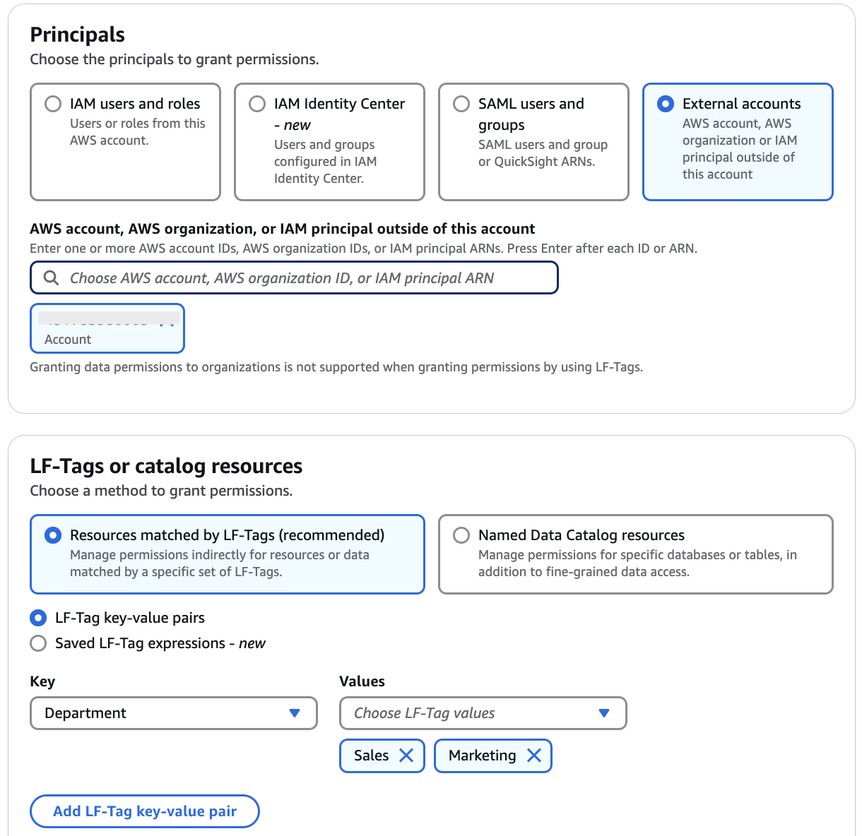 La schermata di concessione dell'autorizzazione con account esterno e coppie chiave-valore specificate.