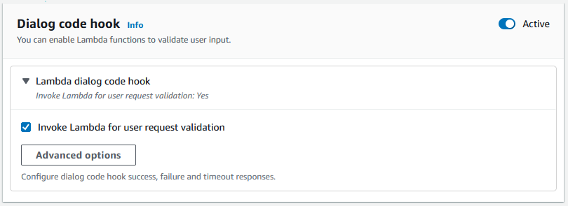 Le opzioni per Dialog Code Hook.