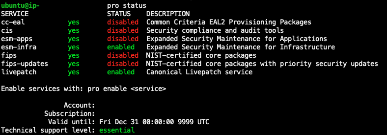Esempio di output del comando Ubuntu pro con un abbonamento Ubuntu Pro attivo.