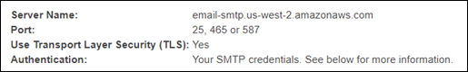 Le impostazioni SMTP visualizzate nella console di Amazon SES.
