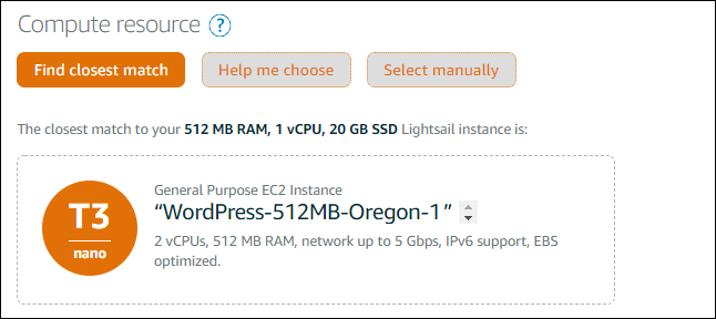 Opzioni relative alle risorse di calcolo nella pagina Crea un' EC2 istanza Amazon.
