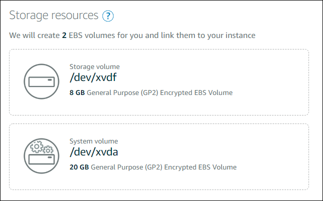Risorse di storage nella pagina Crea un' EC2 istanza Amazon.