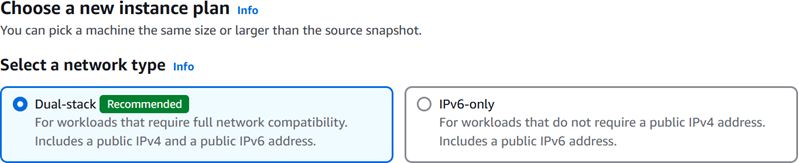La pagina Scegli una nuova istanza del piano che mostra i tipi di IPv6 indirizzo e dual stack.