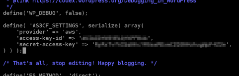AWS credenziali dell'account nel wp-config.php file.