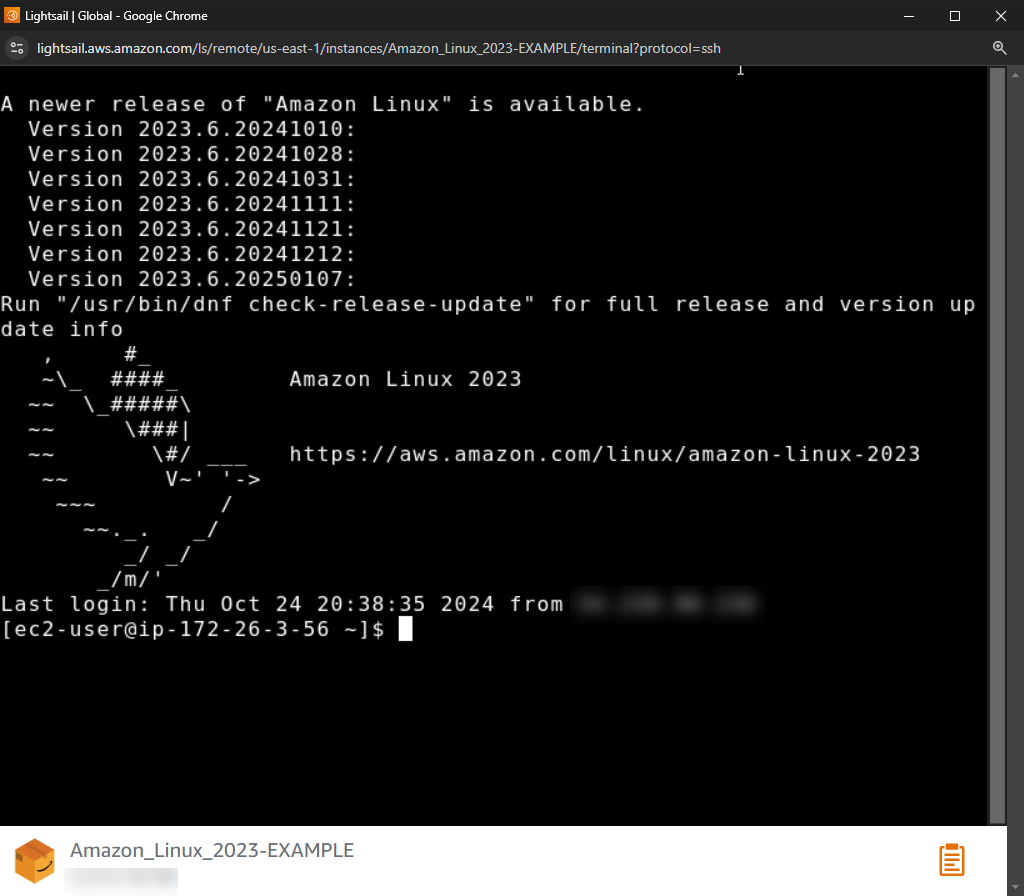 Client SSH basato su browser in Lightsail.