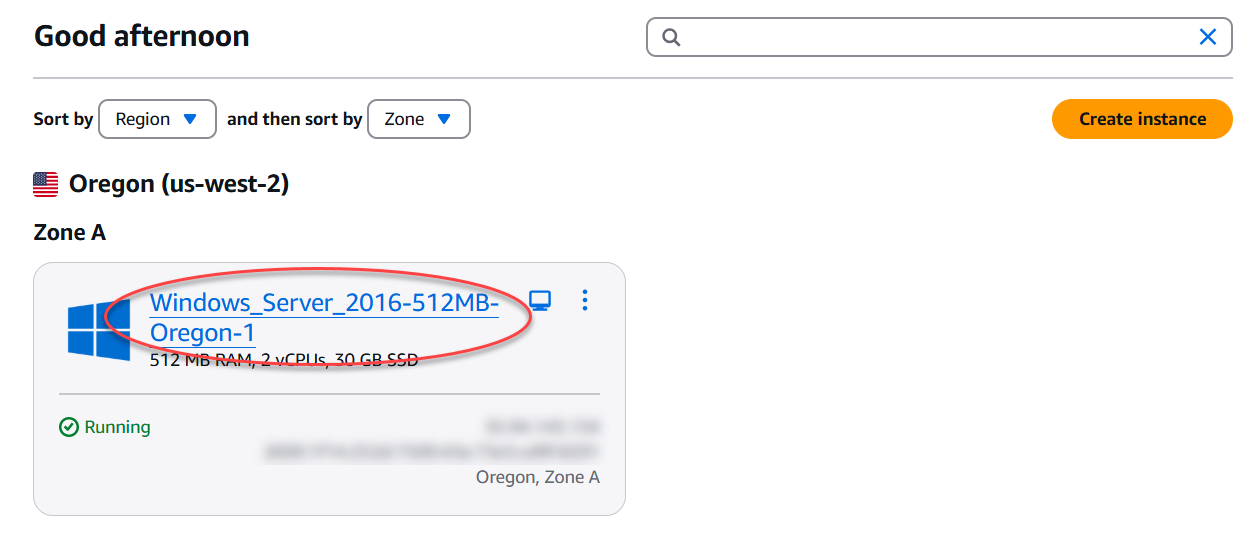Avvio e configurazione di un'istanza di Windows Server 2016 in Lightsail.