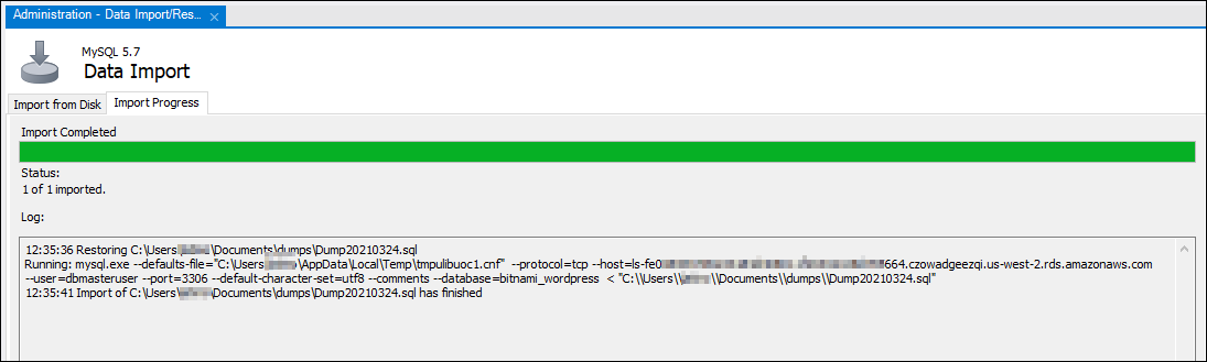Avanzamento dell'importazione di MySQL Workbench