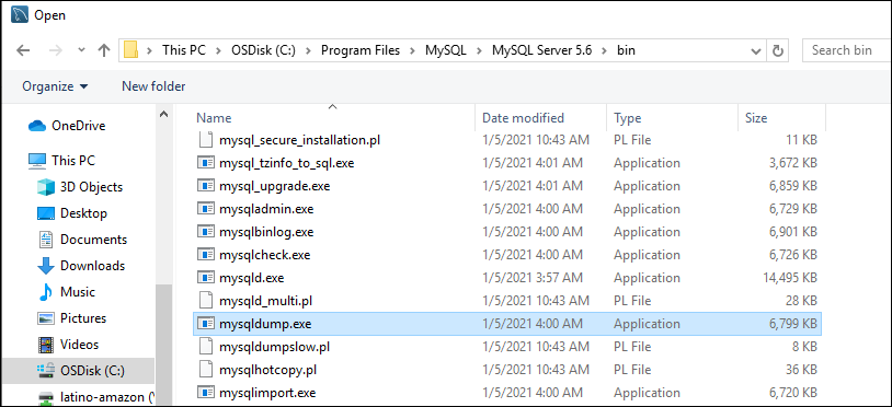 Individuazione del file mysqldump