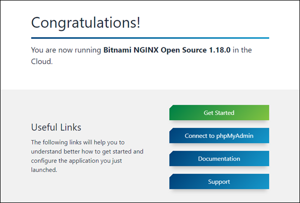 Home page dell'applicazione Nginx senza un banner Bitnami
