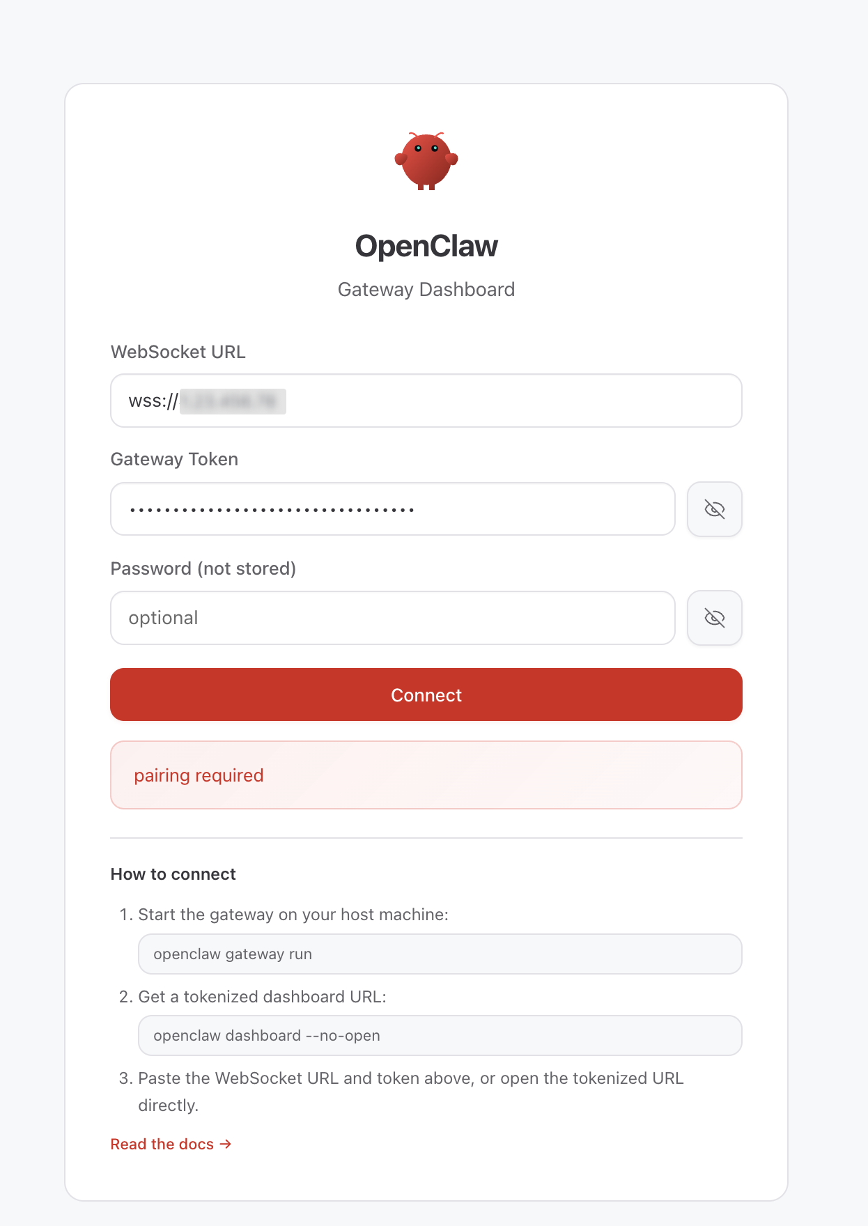Inserimento di un token per il OpenClaw Gateway.