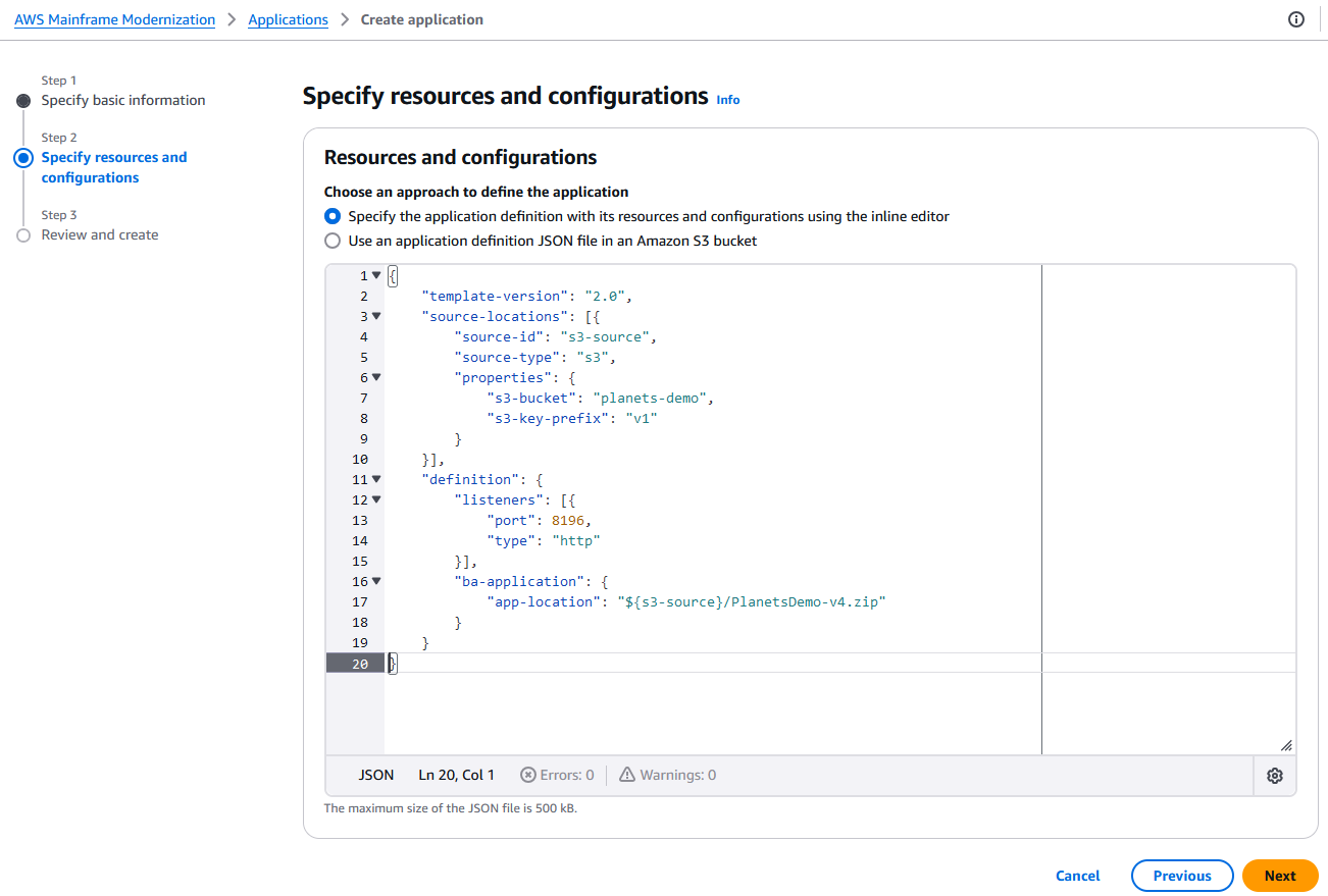 La sezione Risorse e configurazioni con la definizione JSON aggiornata dell'applicazione incollata.