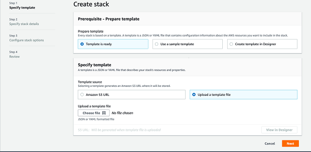 Create stack interface with options to specify template and upload template file.