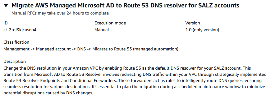 Modifica type details for migrating AWS Managed Microsoft AD to Route 53 DNS resolver.