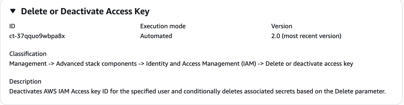 Delete or Deactivate Access Key interface showing ID, execution mode, and classification details.