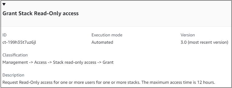 Grant Stack Read-Only access interface showing ID, execution mode, version, and description.