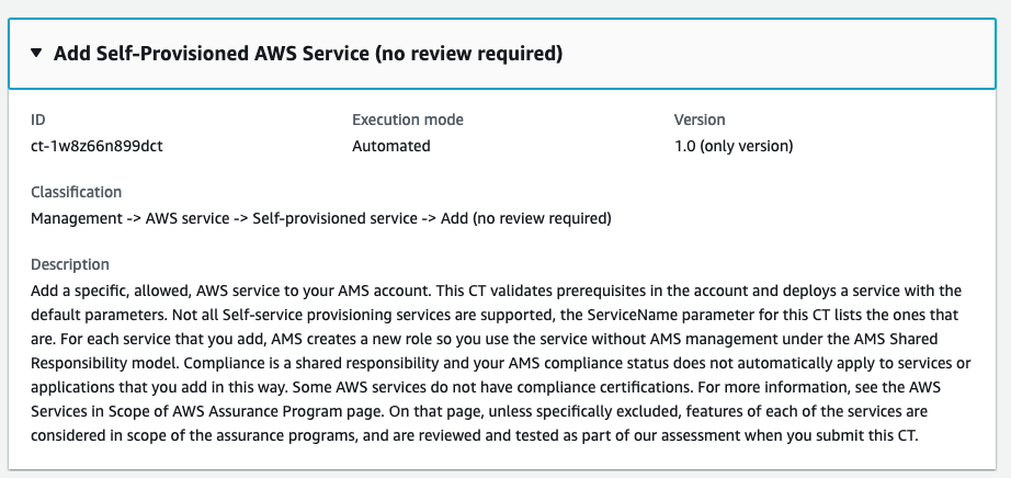 Add Self-Provisioned AWS Service panel with ID, execution mode, and description details.