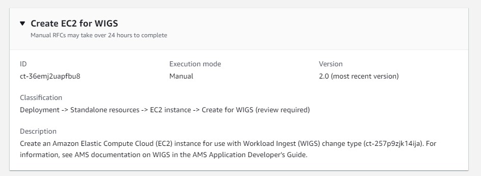 Create EC2 for WIGS form showing ID, execution mode, version, and description details.