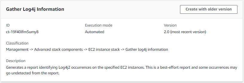 Information panel for Gather Log4j Information task, showing ID, execution mode, and description.