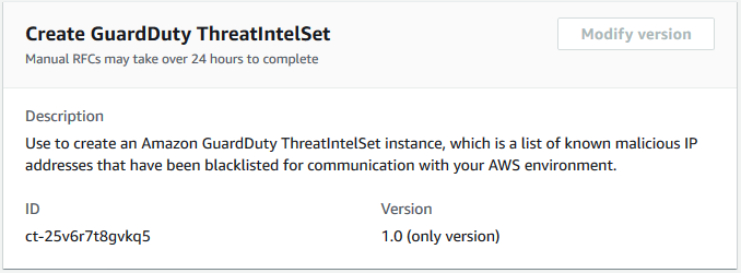 GuardDuty ThreatIntelSet creation interface showing description, ID, and version details.