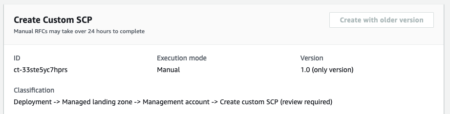 Form for creating a custom SCP with ID, execution mode, version, and classification details.