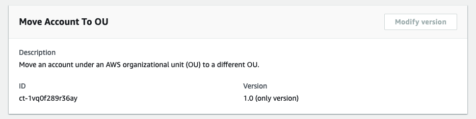 Form displaying details for moving an Account AWS to a different organizational unit (OU).
