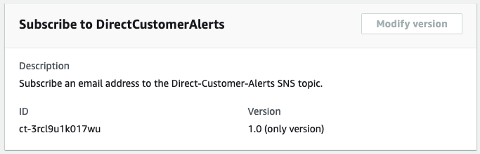 Subscribe to DirectCustomerAlerts form with description, ID, and version fields.