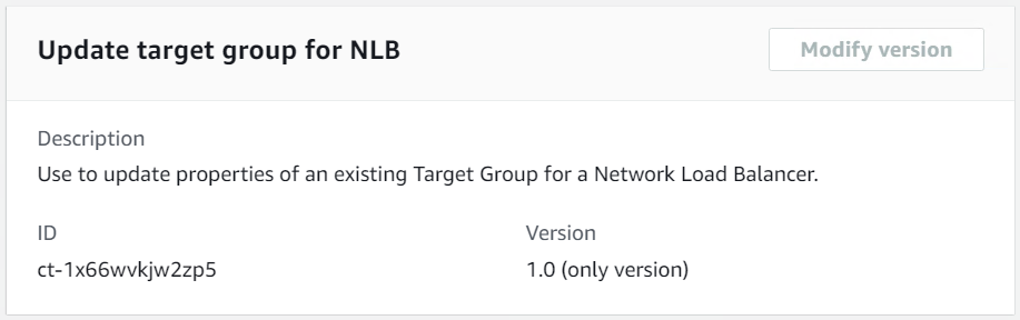 Update target group interface showing description, ID, and version for Network Load Balancer.