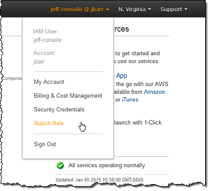 AWS console dropdown menu showing account options and service status indicator.