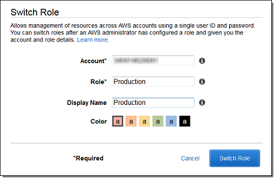 Switch Role dialog with account, role, display name, and color selection options.