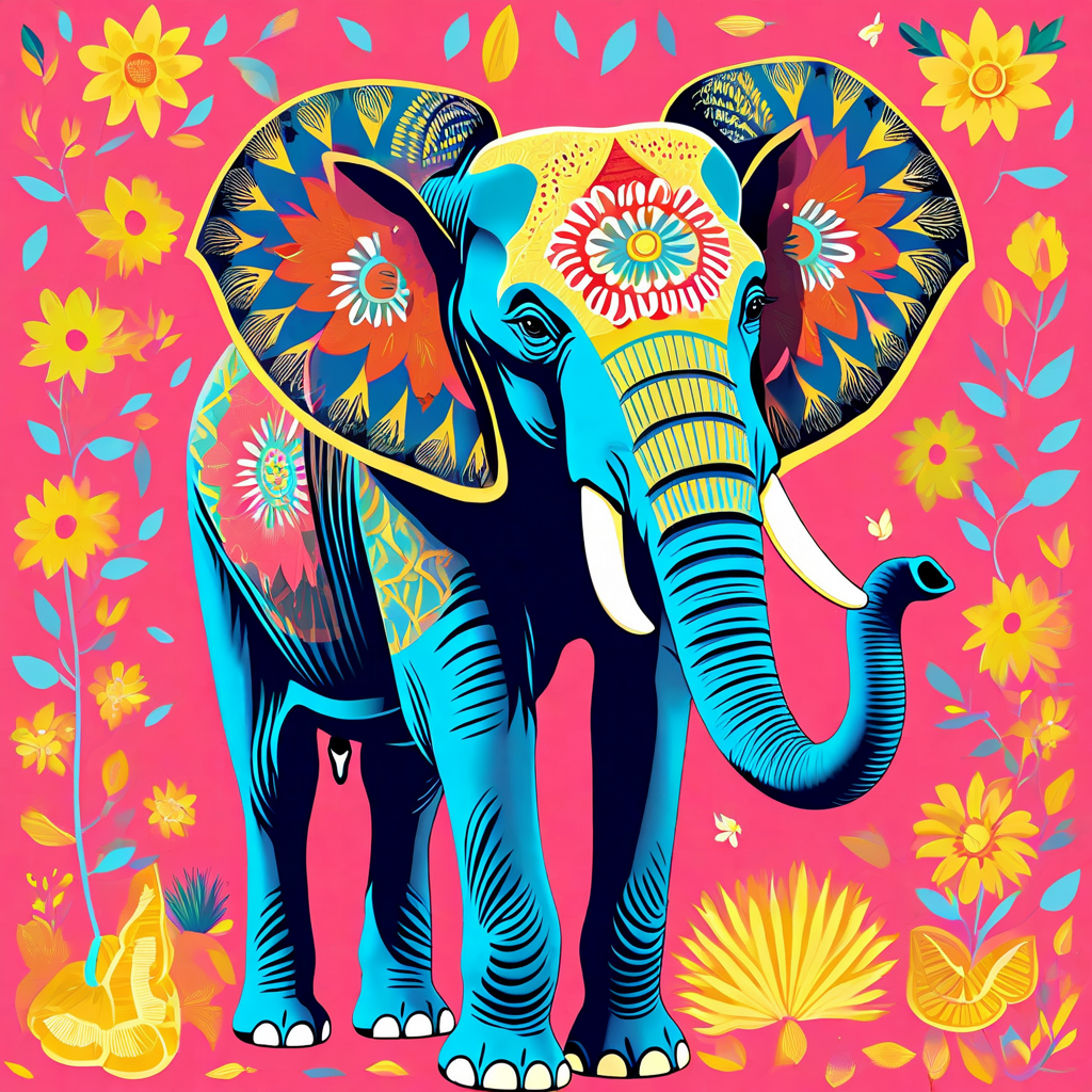 L'immagine raffigura un elefante in stile massimalista.