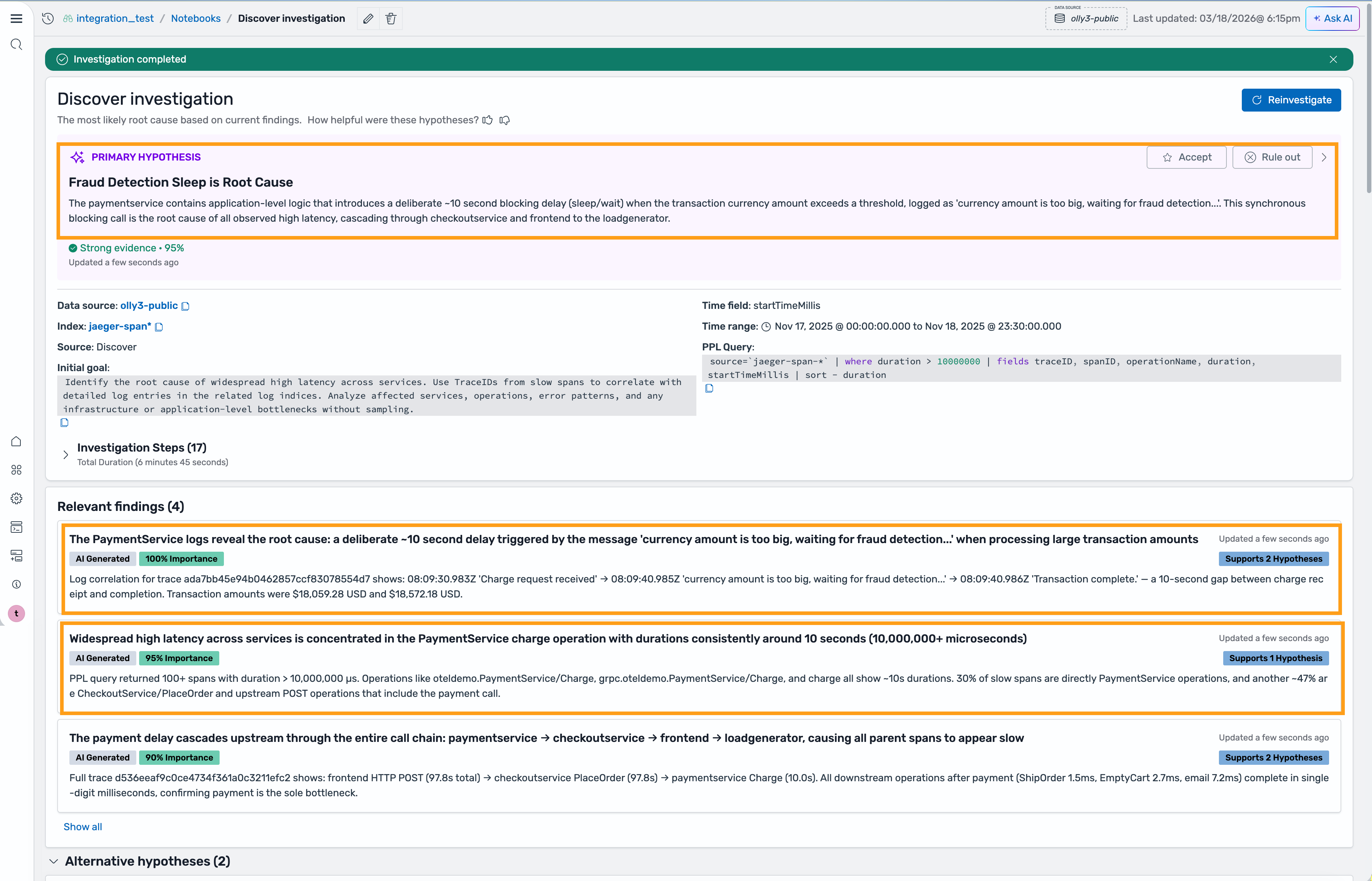 La pagina dei risultati dell'indagine mostra un'ipotesi primaria con le opzioni Accept ed Ecludi, i risultati pertinenti classificati per importanza e le ipotesi alternative.