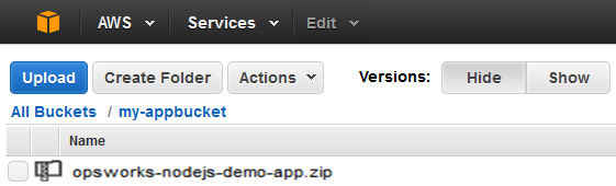 AWS S3 bucket interface showing a single zip file in the my-appbucket folder.