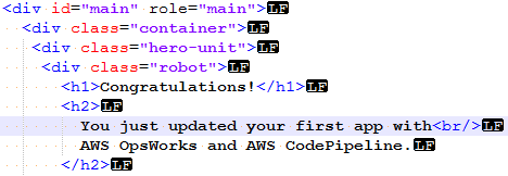 Congratulatory message for updating first app with OpsWorks and AWS CodePipeline.