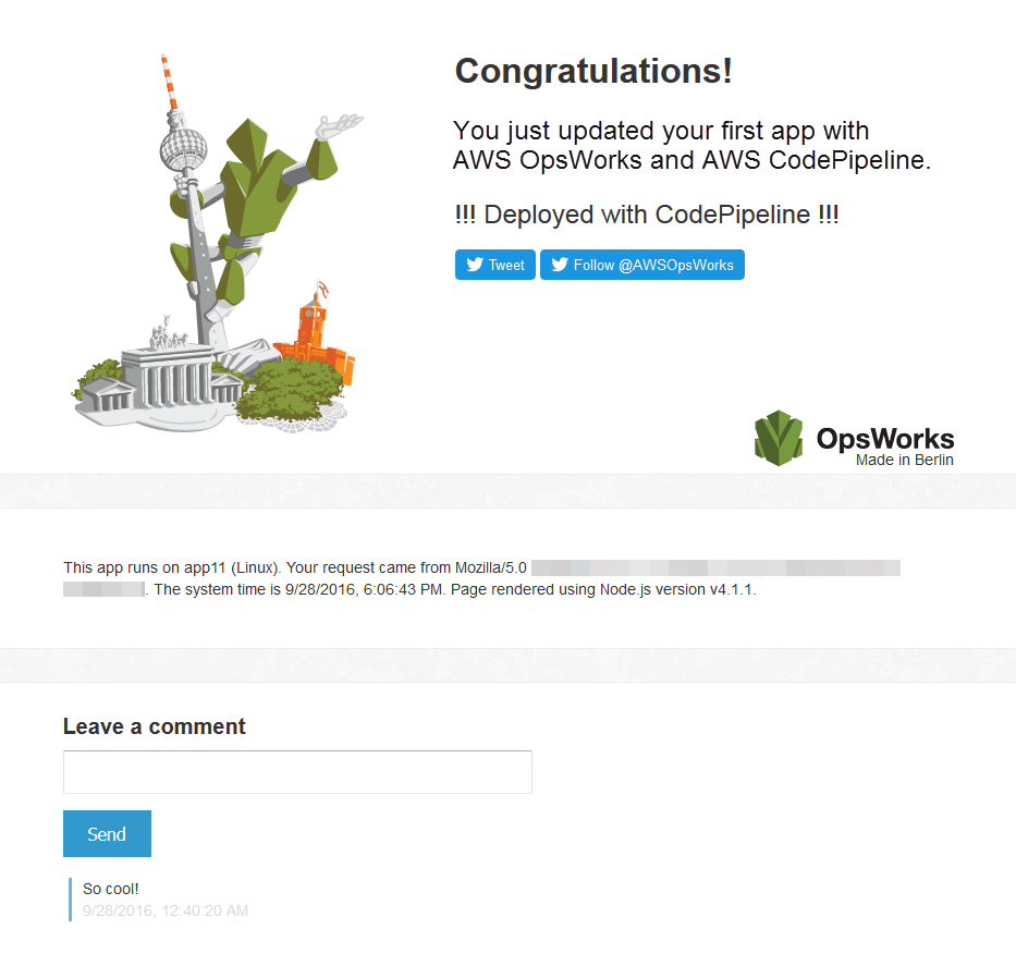 Congratulatory message for updating an app with AWS OpsWorks and CodePipeline, with stylized icons.