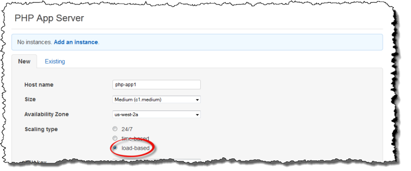 Opzione di dimensionamento basato sul carico nella pagina Add instance (Aggiungi istanza)