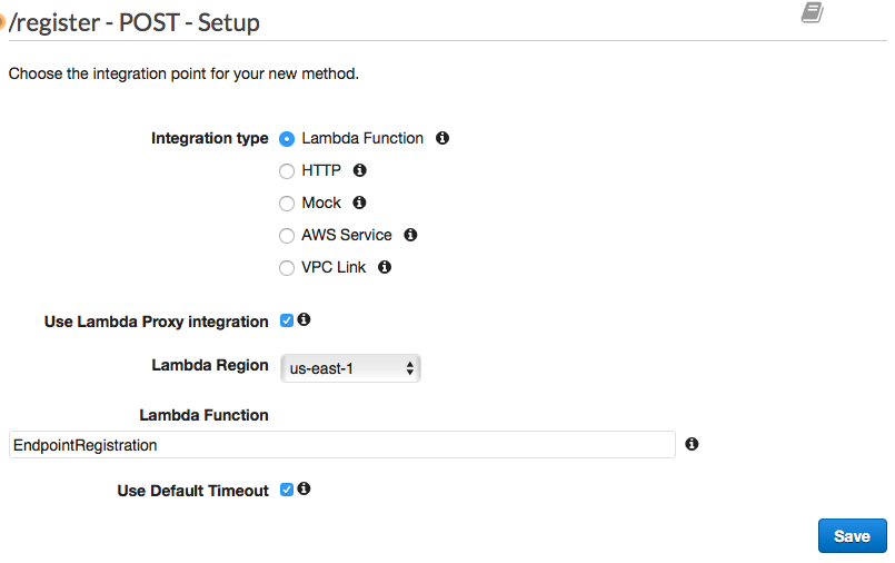 Il riquadro /register - POST - Setup con la funzione Lambda selezionata.
