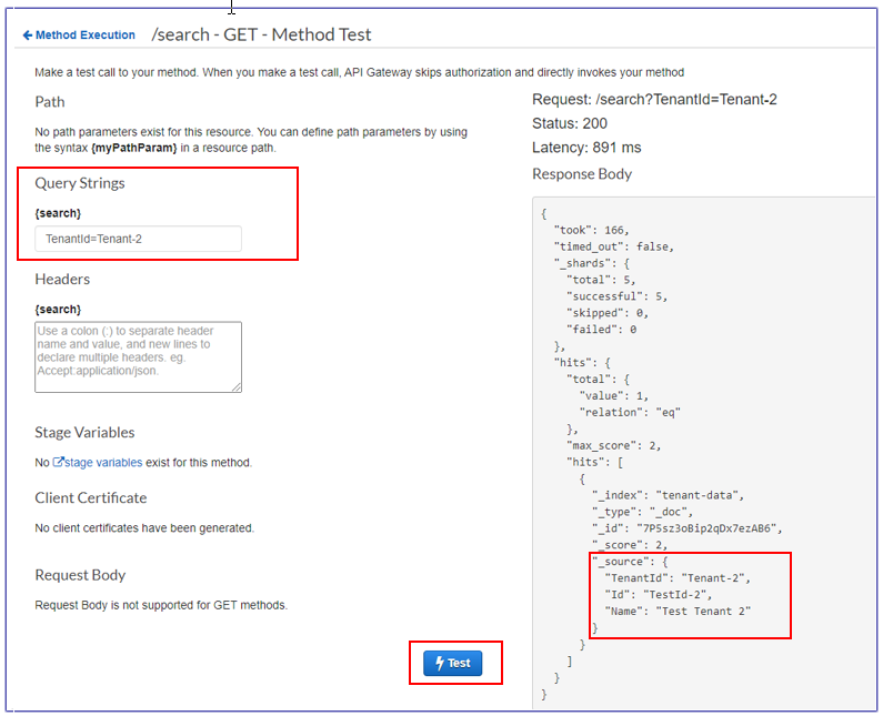 Finestra di test per la query Tenant-2.