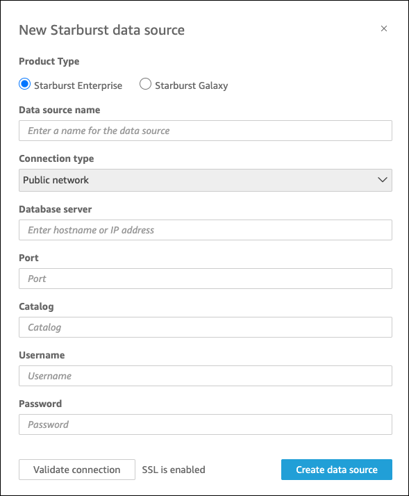 Questo è un esempio di connessione di una nuova origine dati a Starburst.