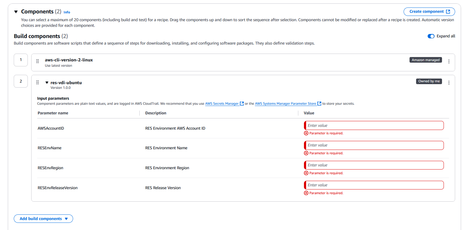 Build components interface showing aws-cli-version-2-linux and res-vdi-ubuntu with input parameters.