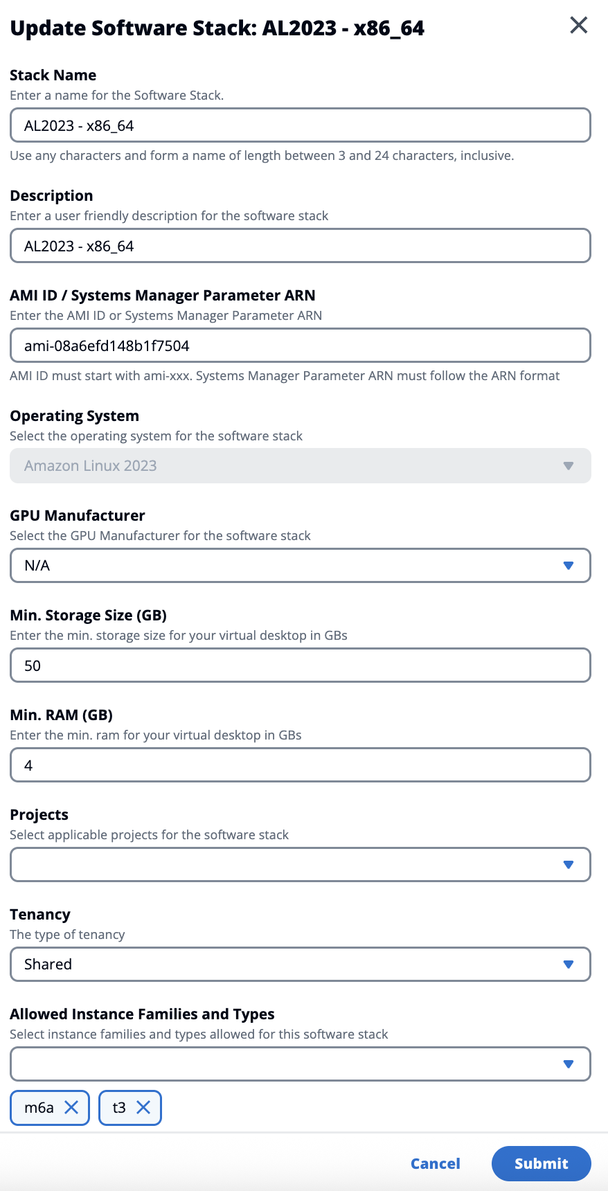 Console di amministrazione che mostra i campi per aggiornare uno stack software per un progetto