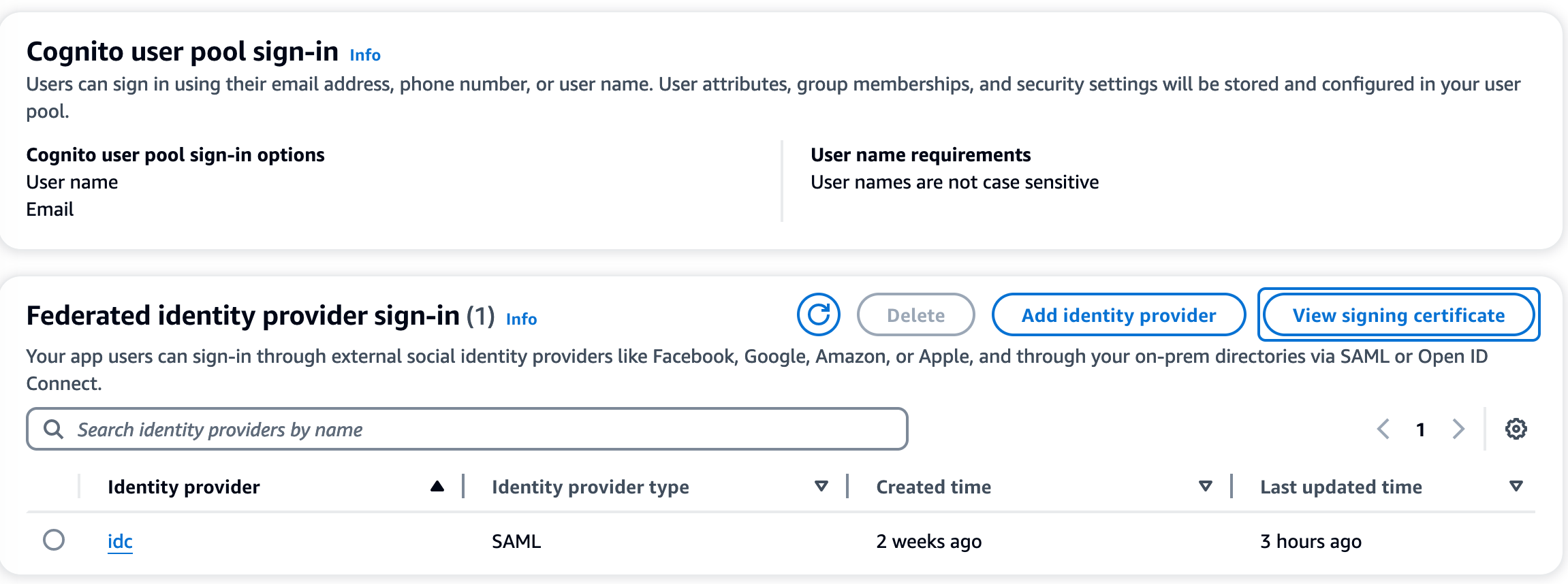 La console Amazon Cognito con il pulsante Visualizza certificato di firma nella sezione di accesso al provider di identità federato per un pool di utenti selezionato.