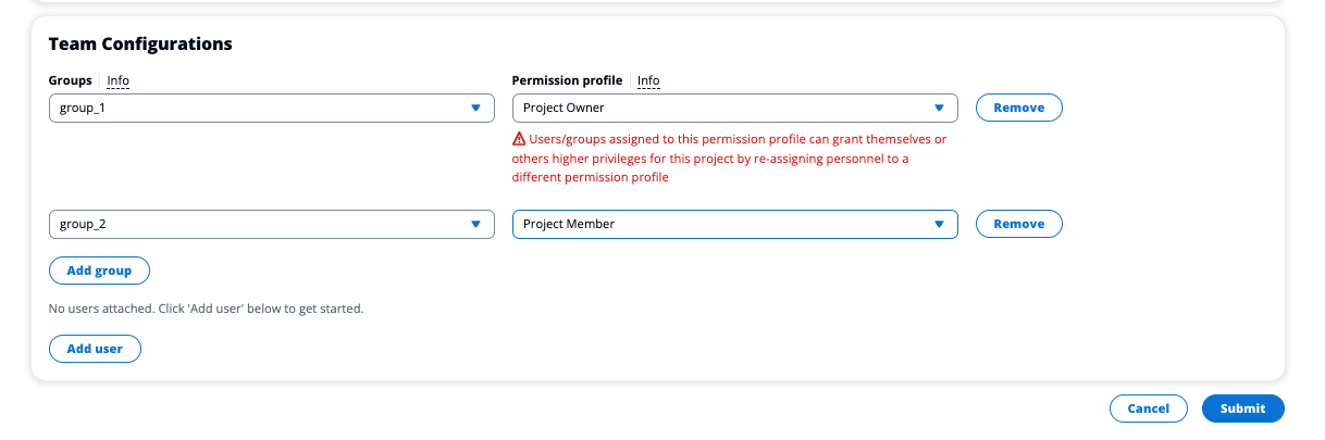 Finestra pop-up per le configurazioni del team
