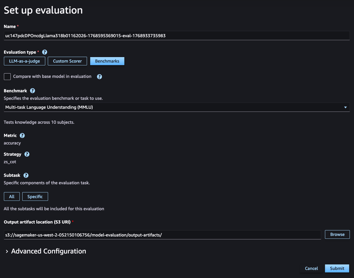 Una configurazione minima per il benchmarking tramite Studio SageMaker