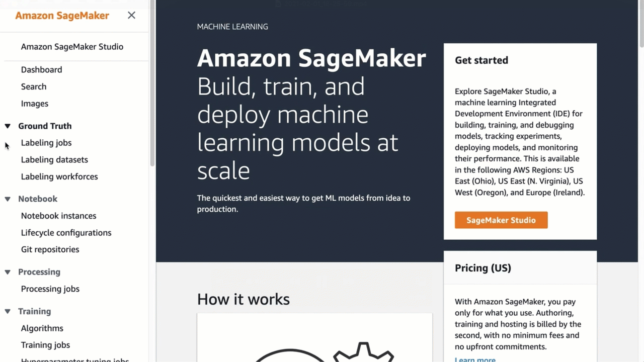 Schermata animata che mostra come creare un'istanza di SageMaker notebook.