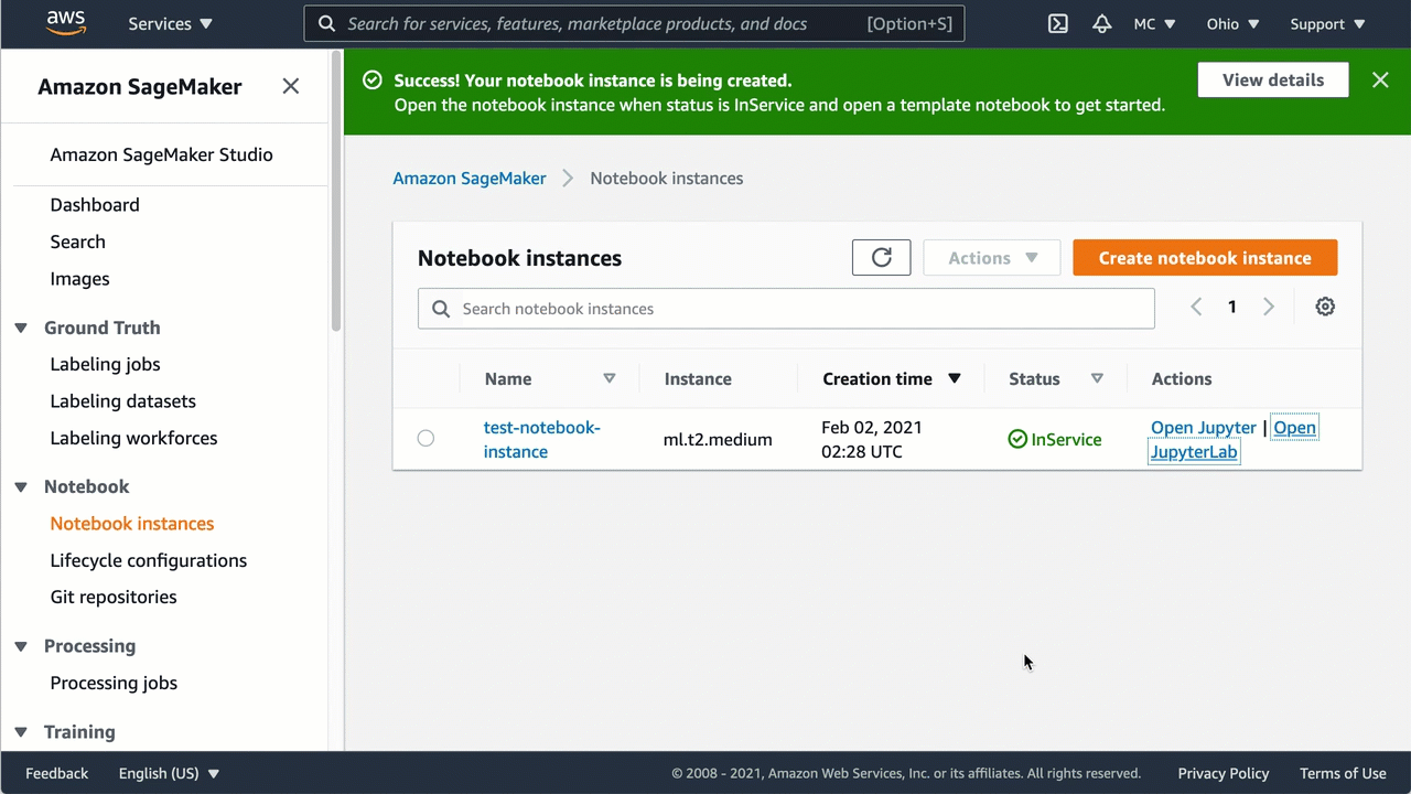 Schermata animata che mostra come creare un notebook Jupyter nell'istanza del notebook AI. SageMaker
