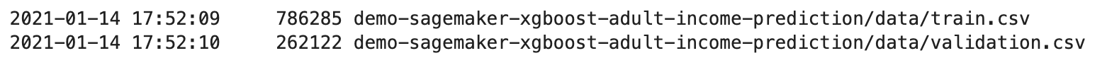 Output del comando CLI per controllare i set di dati nel bucket S3.