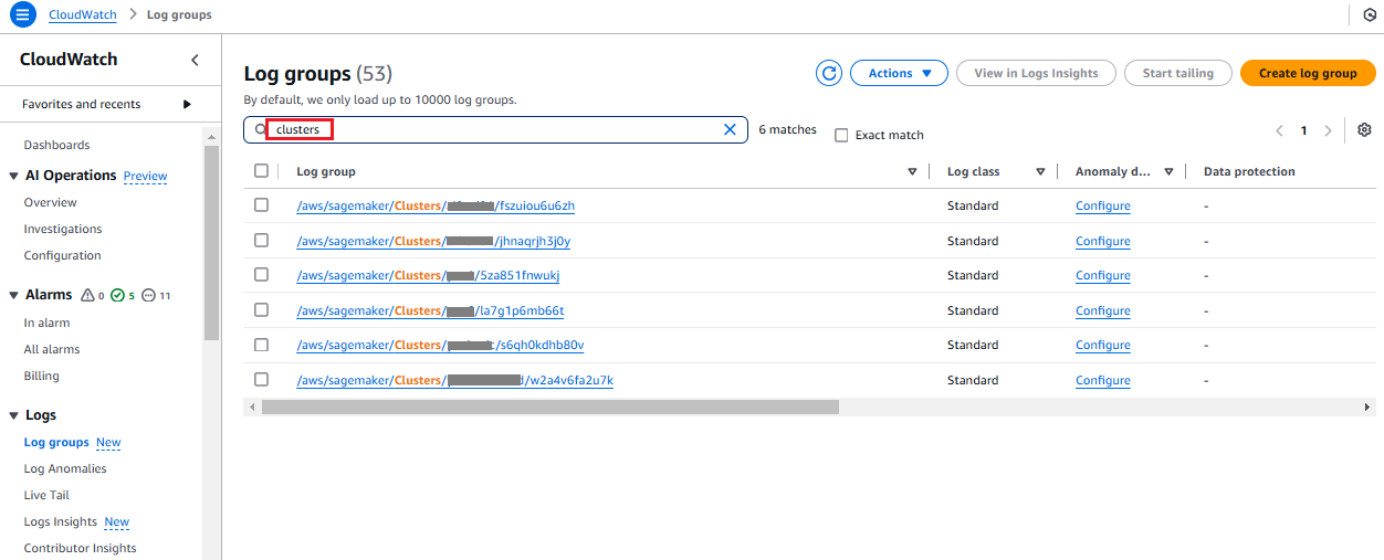 Immagine che mostra i gruppi di log del SageMaker HyperPod cluster Amazon nella CloudWatch console.