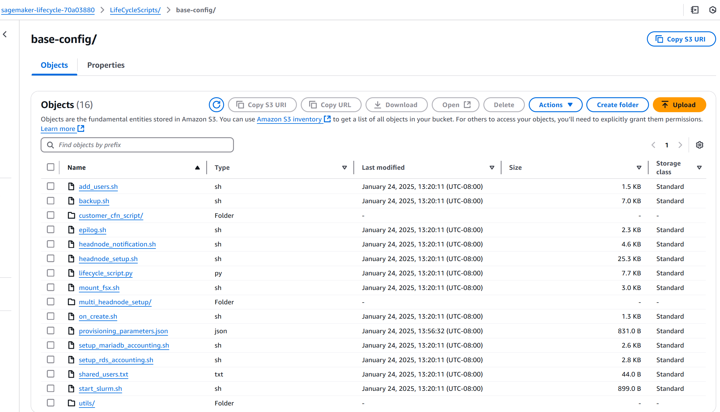 Immagine che mostra tutti gli script del ciclo di vita caricati nel bucket Amazon S3 nella console di Amazon Simple Storage Service.